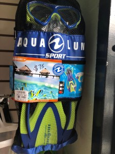 Aqua Lung Sport Play Series (kids 6+) set. Contains Urchin Mask, Pike Jr Snorkel, Zinger Jr Fins. $75